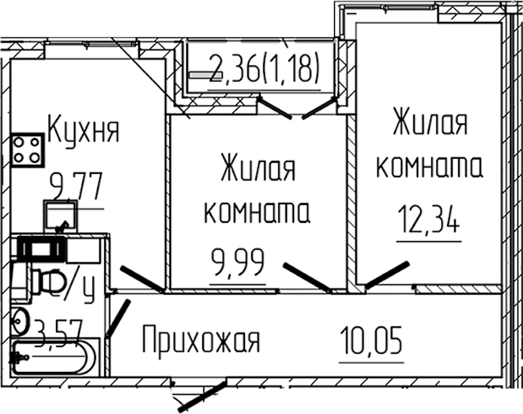2-комнатная квартира 46.9 м², 3/6 эт., ЖК «SERTOLOVO PARK»